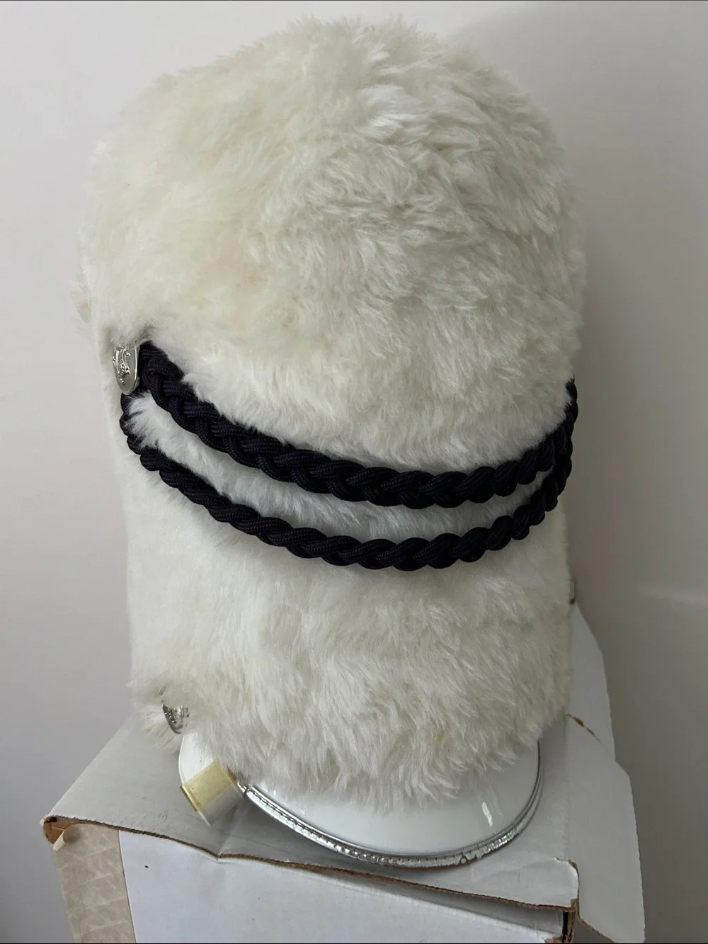 White Faux Fur Pom-Pom Hat with Black Braid Detail
